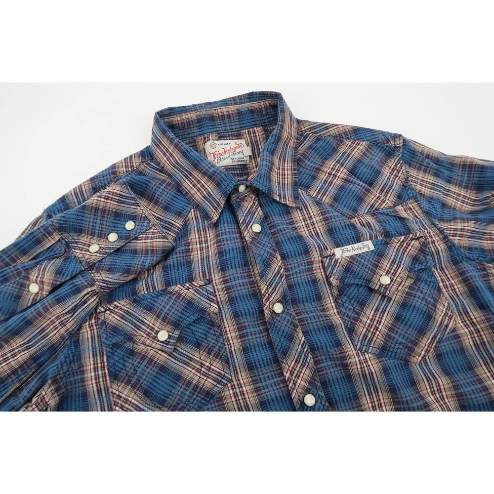 True Religion Men's XL Western Pearl Snap Button Blue Plaid Long Sleeve Shirt